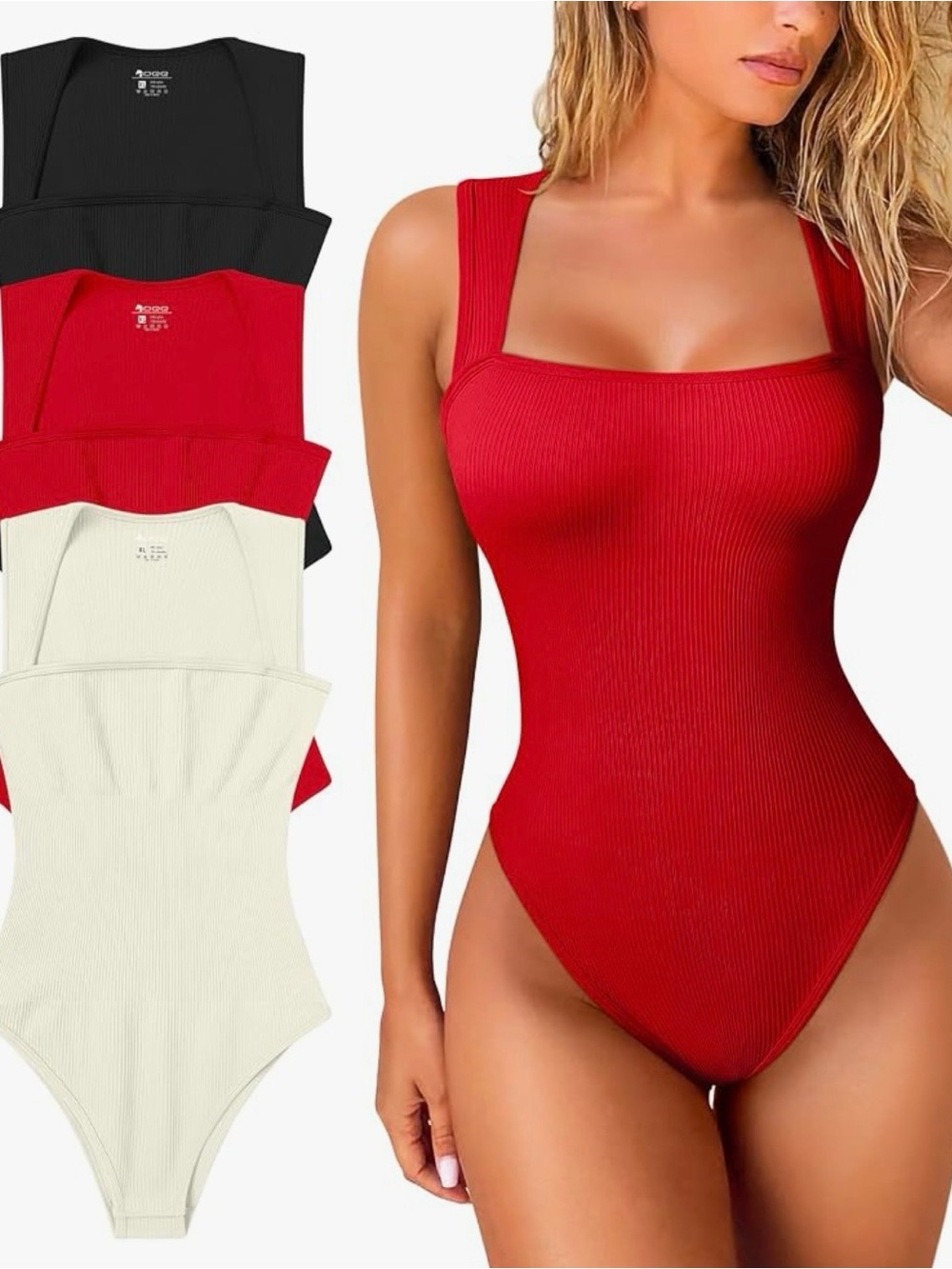 3 Piece Bundle | Ribbed Square Neck Bodysuits | Black, Red, Beige | M